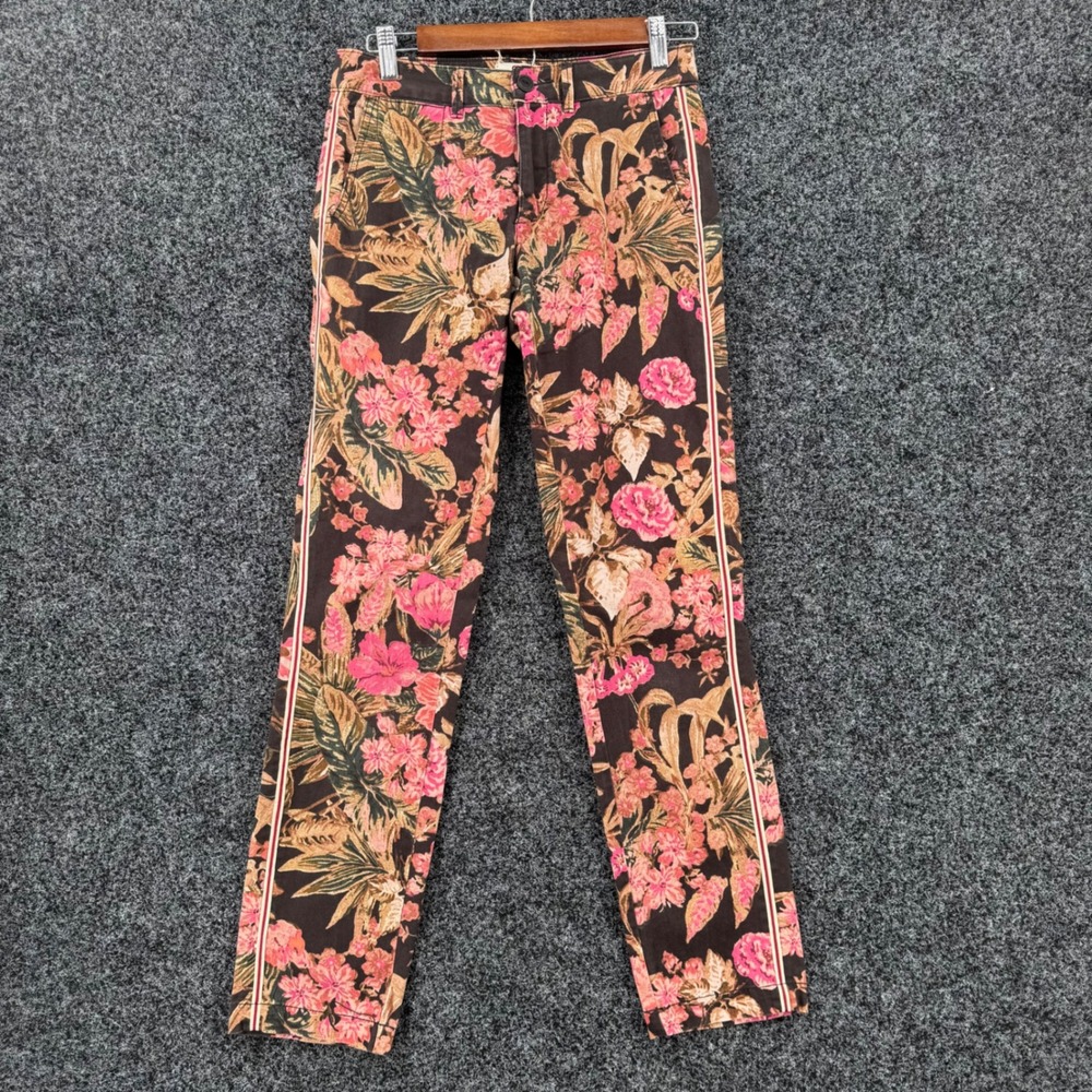 Anthropologie Chino Relaxed Floral Side Stripe Pants Brown Pink 25 Tropical